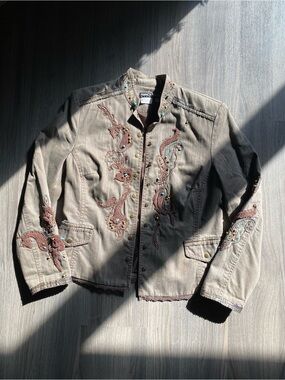 Taupe Embroidered Beaded Denim Jacket